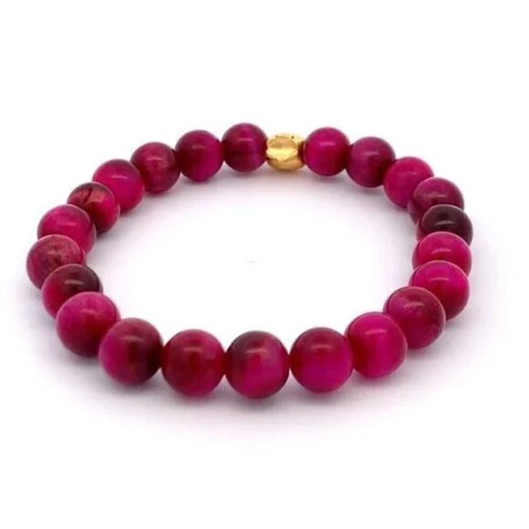 Dyed Tiger's Eye Magenta Stretchable Bracelet Size 7.5 with 24K Gold Money Bag - Picture 2 of 4